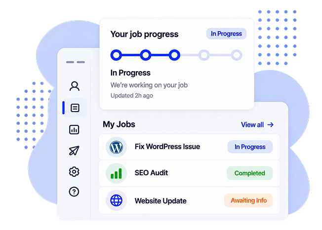 Illustration of a dashboard showing job progress and a list of digital jobs.
